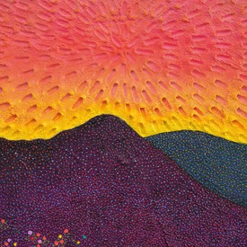 Jennifer Guidi’s Hawk Soars Skyward (Painted Natural Sand, Yellow-Orange-Pink Sky, Green, Purple and Black Mountains, Red, Blue, Purple, Turquoise, Yellow, Orange, Lavender and Green, Black Ground), 2023