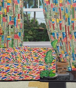 Jonas Wood, Patterned Interior with Mar Vista View, 2020, Rachofsky Collection © Jonas Wood