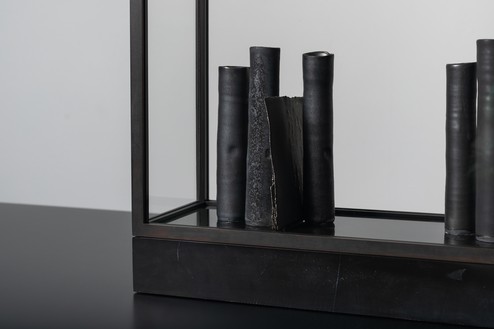 Edmund de Waal, and catch the heart off guard, 2022 (detail) Porcelain, marble, platinum, steel, and plexiglass, 22 ⅞ × 16 ⅛ × 5 ⅞ inches (58 × 41 × 15 cm)© Edmund de Waal. Photo: Alzbeta Jaresova