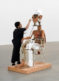 Huma Bhabha during the installation of Huma Bhabha: The Company at Gagosien, Rome, September 2019.