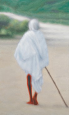 Painting by Y.Z. Kami featuring a figure wrapped in a white shawl with a cane walking on a path into a green landscape