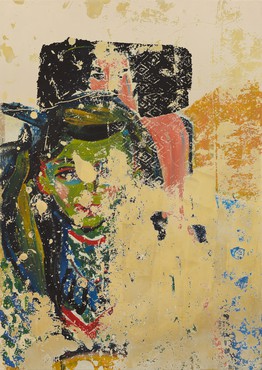 Painting feature young girl with green face in front of a chair that has been carved into the shape of a naked woman with allover gold patterned overlay