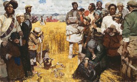 Chen Danqing, Tears Flooding the Autumnal Fields: oil painting of men working in a golden field