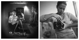 Left: Sally Mann, Self-Portrait, 1974; right: Jenny Saville in her studio, c. 1990s.