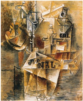 Pablo Picasso, Nature morte au journal, spring 1912 Oil and charcoal on canvas, 17 ⅝ × 15 ⅛ inches (46 × 38.5 cm)© 2018 Estate of Pablo Picasso/Artist Rights Society (ARS), New York