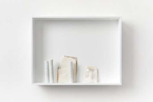 Edmund de Waal, untitled (an exchange of territory, or world), 2023 Porcelain, silver, aluminum, and glass, 15 × 19 ¾ × 4 inches (38 × 50 × 10 cm)© Edmund de Waal. Photo: Alzbeta Jaresova