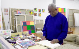 Stanley Whitney in his New York studio, surrounded by paintings and drawings