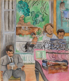 Henri Matisse, The Music Lesson, 1917, oil on canvas, domestic interior scene of people in the livingroom at the piano, reading chair, and window