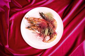 Plated prawns on table cloth of hot pink velvet