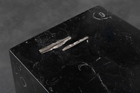 Edmund de Waal, this must be the place, IV, 2023 (detail) Kilkenny stone and silver, 19 ⅞ × 37 ⅞ × 13 ¾ inches (50.5 × 96.2 × 35 cm)© Edmund de Waal. Photo: Alzbeta Jaresova