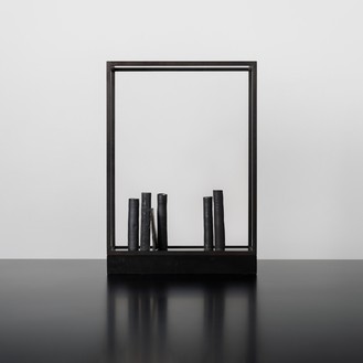 Edmund de Waal, and catch the heart off guard, 2022 Porcelain, marble, platinum, steel, and plexiglass, 22 ⅞ × 16 ⅛ × 5 ⅞ inches (58 × 41 × 15 cm)© Edmund de Waal. Photo: Alzbeta Jaresova