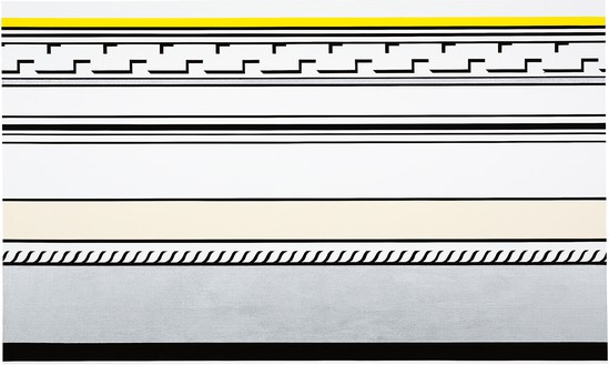 Roy Lichtenstein, Entablature, 1974 Magna, sand, Magna medium, and aluminum powder on canvas, 60 × 100 inches (152.4 × 254 cm)© Estate of Roy Lichtenstein