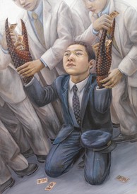 Painting of a person kneeling on the floor with crab claw hands
