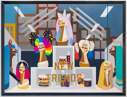 Derrick Adams, Lookie Loos, 2023 Acrylic and collaged fabric on wood panel, in artist's frame, 73 × 96 × 2 ½ inches (185.4 × 243.8 × 6.4 cm)© Derrick Adams Studio. Photo: New Document