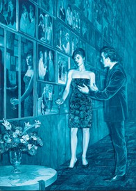 Painting featuring a man and a woman in cocktail attire talking near the wall of paintings
