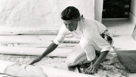 Helen Frankenthaler in her studio in Provincetown. Black and white image.