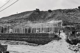 Rendering of framework for the new UCSD-Alacrán Community Station housing project on the remediated site, Alacrán Canyon, Tijuana, Mexico. Rendering: Estudio Teddy Cruz + Fonna Forman (Marcello Maltagliati)