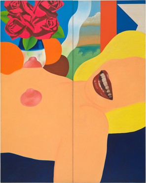 Colorful painting featuring a topless woman with with blond hair laying down with red roses, oranges, and a landscape in the background