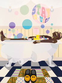 Colorful painting of a person soaking in a bathtub