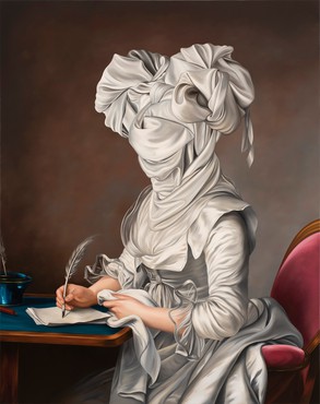 Historical woman dressed in white with her face covered with fabric sitting at a desk writing with a feather quill pen