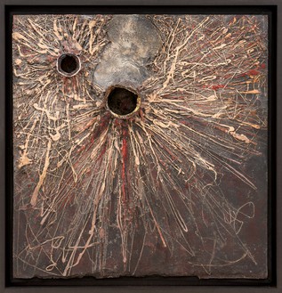 Christo, Untitled (Cratères), 1959 Enamel paint, sand, paint, and wood, 26 ¾ × 25 ⅝ inches (68 × 65 cm)© Christo and Jeanne-Claude Foundation. Photo: Thomas Lannes