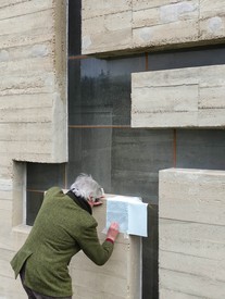 Photograph of the execution of Giuseppe Penone’s frottages in La Tourette, Éveux, France. Giuseppe Penone, Le Bois Sacré (The Sacred Forest), 2022, prepared canvas oil and wax pastel