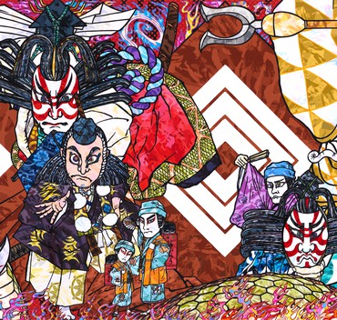 Painting featuring figures practicing kabuki, the classical form of Japanese theatre