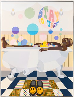 Derrick Adams, Happy Place, 2023 Acrylic and collaged fabric on wood panel, in artist's frame, 96 × 73 × 2 ½ inches (243.8 × 185.4 × 6.4 cm)© Derrick Adams Studio. Photo: New Document