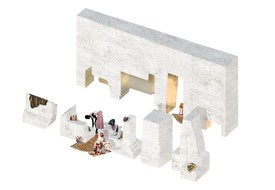 Rendering for Prompts for a City: Whitechapel, minaret/pew and podium/market table (2021), Sumayya Vally’s project for Social Works II. Image: Sumayya Vally, Counterspace