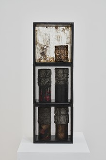 Christo, Shelves, 1958 9 cans, lacquered fabric, rope, paint, wood, glass, and steel wire mesh, 35 ½ × 11 ⅞ × 7 ⅛ inches (90 × 30 × 18 cm)© Christo and Jeanne-Claude Foundation. Photo: Thomas Lannes