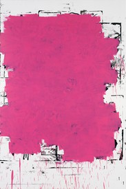 A Christopher Wool painting from 1994. White background, with black and pink enamel.