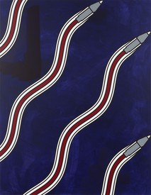 Squiggly red pens against dark indigo background