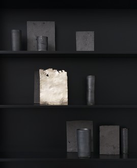 Edmund de Waal, a part of speech, 2023 (detail) Porcelain, silver, Cor-Ten steel, tin, aluminum, and glass, in 2 parts, overall: 86 ⅝ × 74 ⅞ × 7 ⅞ inches (220 × 190 × 20 cm)© Edmund de Waal. Photo: Alzbeta Jaresova