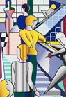 Students walking up a staircase at the Bauhaus school in German painted in colorful Ben-Day dots