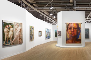 Gagosien’s booth at Art Basel 2023. Artwork, left to right: © John Currin; © Rudolf Stingel; © 2023 Estate of Pablo Picasso/Artists Rights Society (ARS), New York; © 2023 The Willem de Kooning Foundation/Artists Rights Society (ARS), New York; © Jonas Wood; © Anna Weyant; © Jenny Saville; © Cy Twombly Foundation. Photo: Sebastiano Pellion di Persano