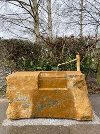 Edmund de Waal, stone for two hands and water, 2021, Hornton stone, bamboo, and water, 27 ⅜ × 56 ¾ × 23 ⅝ inches (69.5 × 144 × 60 cm), installation view, Henry Moore Studios & Gardens, Perry Green, England