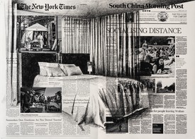 Tatiana Trouvé, April 4th, The New York Times; April 11th, South China Morning Post, China from the series From March to May, 2020, inkjet print and pencil on paper, 16 ⅝ × 23 ¼ inches (42.1 × 59 cm)