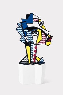 Roy Lichtenstein, Expressionist Head, 1980 Painted and patinated bronze with painted wooden base, 55 × 41 × 18 inches (139.7 × 104.1 × 45.7 cm), edition of 6© Estate of Roy Lichtenstein