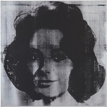 Screen print of Elizabeth Taylor’s face in black ink on metallic silver paint