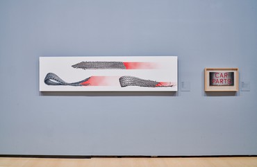 Installation view, Motion. Autos, Art, Architecture, Guggenheim Bilbao, Spain, April 8–September 18, 2022. Artwork © Ed Ruscha. Photo: courtesy Guggenheim Museum Bilbao