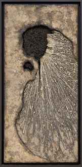 Christo, Untitled (Cratères), 1959 Enamel paint, sand, paint, and wood, 60 ¼ × 28 ¾ inches (153 × 73 cm)© Christo and Jeanne-Claude Foundation. Photo: Thomas Lannes