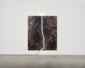 Mary Weatherford, The Flaying of Marsyas—4500 Triphosphor, 2021–22 (detail), Flashe and neon on linen, 93 × 79 inches (236.2 × 200.7 cm). Photo: Fredrik Nilsen Studio