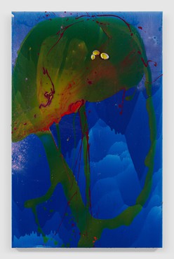 Painting made of blue and green powdered pigment in resin with found objects such as shells and twigs
